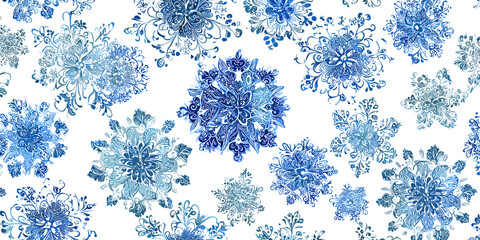 Delicate snowflakes in shades of blue adorn a stark white background, creating a seamless and intricate winter-themed design.