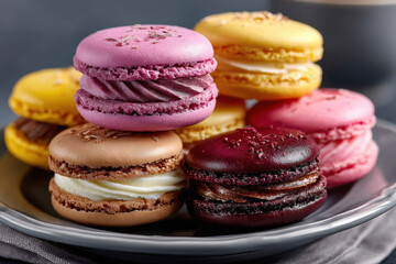 Fototapeta premium Colorful macarons arranged on a plate, showcasing various flavors and designs in a cozy setting
