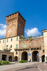 Torrione di Porta Castello tower in Vicenza, Italy on a sunny day with clear blue skies and historical architecture. Vicenza , Veneto, northern Italy.