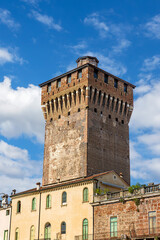 Torrione di Porta Castello tower in Vicenza, Italy on a sunny day with clear blue skies and historical architecture. Vicenza , Veneto, northern Italy.