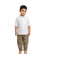 A young boy standing with a smile, wearing a white shirt and khaki pants, against transparent background