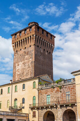 Torrione di Porta Castello tower in Vicenza, Italy on a sunny day with clear blue skies and historical architecture. Vicenza , Veneto, northern Italy.
