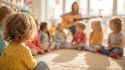 children sitting in circle with teacher playing guitar