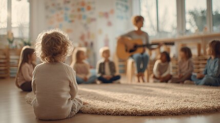 teacher plays guitar for children in classroom
