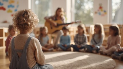 children sit in circle listening to teacher playing guitar