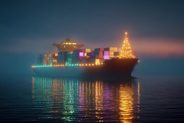 Festive cargo ship glowing on New Year night