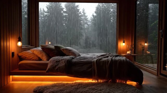 Cozy bedroom interior with large window, rain falling outside, warm lighting, and a soft rug