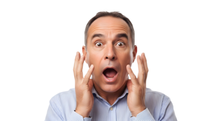 Man with surprised expression and hands to face against black background