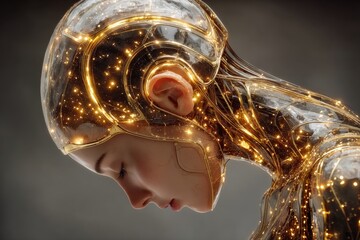 Futuristic portrait of woman with metallic skin, technology. Generative AI