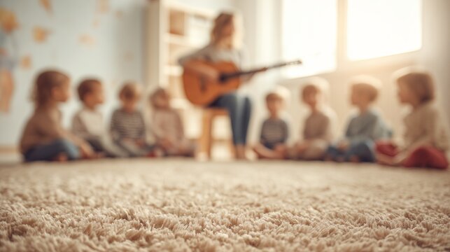 teacher plays guitar for group of children - Powered by Adobe