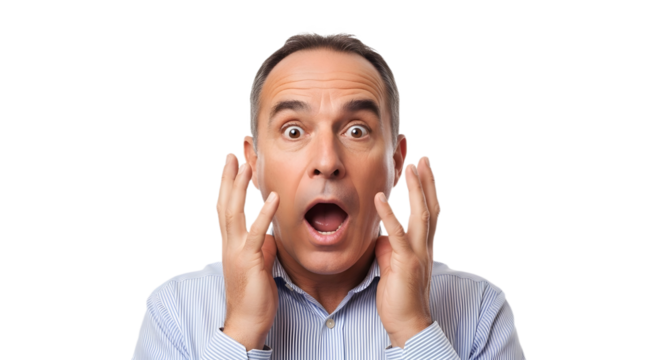 Man with surprised expression and hands to face against black background