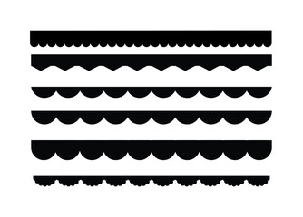 Scalloped edge seamless shapes vector set. Simple scalloped border. Simple scalloped border. Repeat vintage frill ornament. Texture ribbons isolated on white background