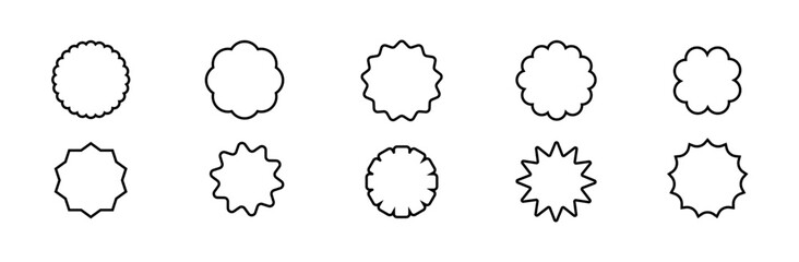Blank badge outlines set. Collection of circular label frames with zigzag, wavy, and starburst edges. Black line shapes isolated on white background. Graphic vector illustration.

