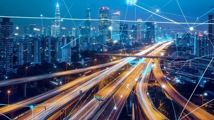 Nighttime cityscape with digital network overlay - Powered by Adobe