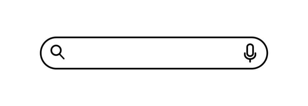 Minimalist search bar icon with magnifying glass and microphone, simple UI element for website or app interface, isolated vector template for search field or input box design