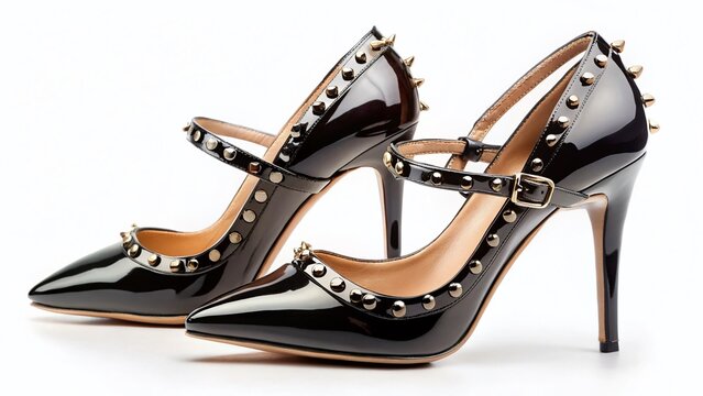 Edgy Black Patent Leather High Heels with Studs - Drone Photography Style