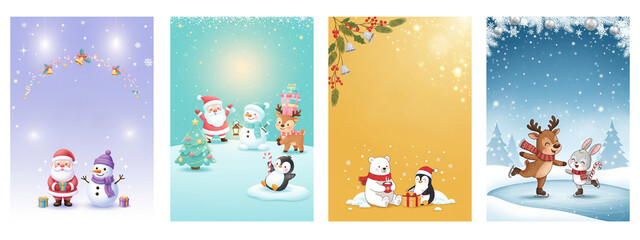 Fototapeta premium Set of Four Cute Christmas Card Backgrounds with Cartoon Santa, Snowman, Reindeer, Polar Bear, and Penguin Characters.PNG Transparent Background