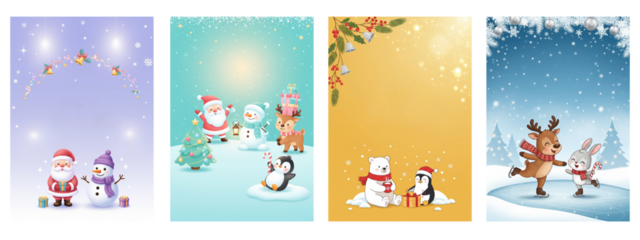 Set of Four Cute Christmas Card Backgrounds with Cartoon Santa, Snowman, Reindeer, Polar Bear, and Penguin Characters.PNG Transparent Background