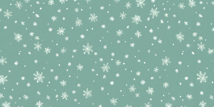 Winter season background features delicate white snowflakes scattered across a serene teal backdrop, conveying a sense of tranquility and cold weather, creating a seamless repeat pattern for festive
