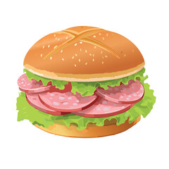 Smoked Bologna sandwich on a bun, Isolated on a white background