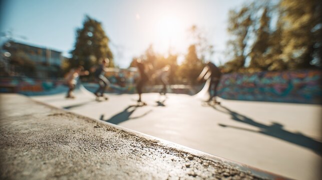 group of people skateboarding in skatepark on sunny day