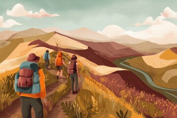 Lifestyle illustration Adventurous lifestyle group friends hiking up mountain trail towards summit scenic landscapes unfolding ahead adventurous spirit captured
