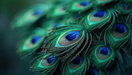 A subtle, soft focus background texture composed of overlapping peacock feather eyes , creating a diffused, dreamlike pattern of blues and greens. A soft focus, diffused background texture created by