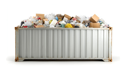 Large overflowing metal shipping container piled high with mixed household waste and recyclable materials on plain white background, isolated. Waste management, recycling, environmental problem