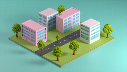 Isometric Pastel City Blocks with Trees and Soft Shadows