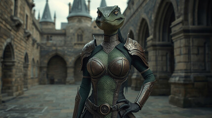 female reptilian wearing armor and standing in castle courtyard