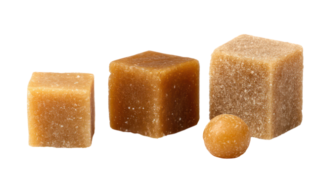 Three blocks of brown sugar and one small piece isolated on transparent background