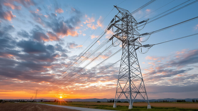 Large high-voltage electricity pylon with power lines against a dramatic sunset sky and rural landscape. Energy, power transmission, infrastructure, utility concept