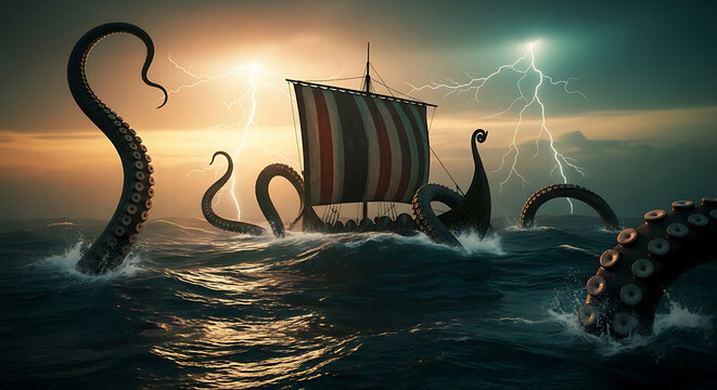 Viking longship attacked by a giant Kraken monster with tentacles in a stormy sea with lightning