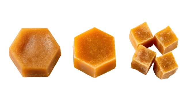 Sets of jaggery in rectangular cylindrical and triangular shapes on transparent background