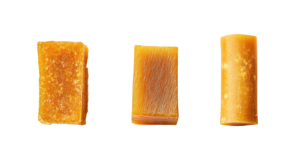 Sets of jaggery in rectangular cylindrical and triangular shapes on transparent background