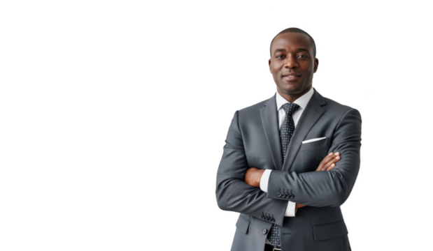 A professional portrait of a man in a suit with crossed arms, against transparent background