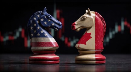 Naklejka premium Two chess pieces painted in the colors of United States and Canada.