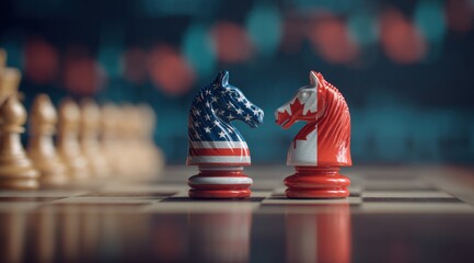 Naklejka premium Two chess pieces painted in the colors of United States and Canada.