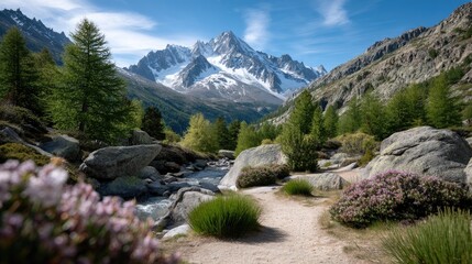 Majestic Snow Capped Mountain Range viewed through blooming alpine flowers and rugged terrain under a clear blue sky with bright sunlight
