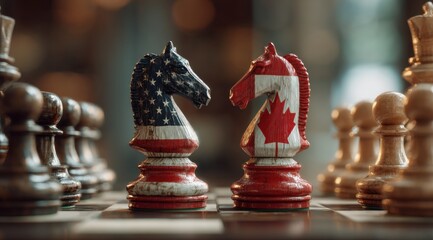 Naklejka premium Two chess pieces painted in the colors of United States and Canada.