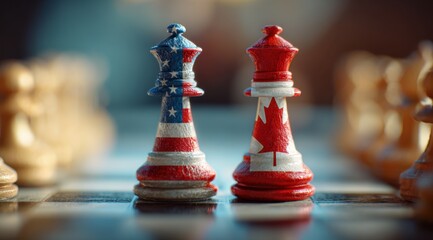 Naklejka premium Two chess pieces painted in the colors of United States and Canada.