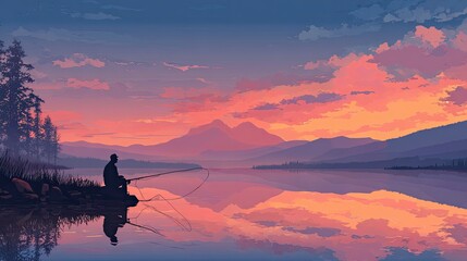 Sports and Hobbies illustration A man fishing on a quiet lake at sunrise peaceful solitude nature aesthetic Man lifestyle