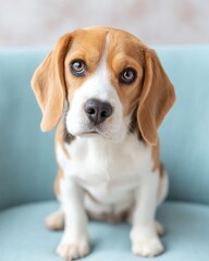 Adorable Beagle Puppy Sitting on a Blue Chair