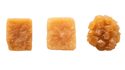 Sets of jaggery in traditional block cone and disc shapes on transparent background