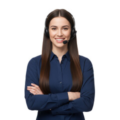 Friendly customer service representative smiles confidently against a transparent background