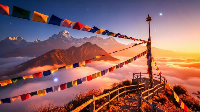 Serene Mountain Sunrise with Prayer Flags and Sea of Clouds