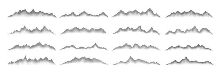 Grain noise stippled mountain range ridges terrain texture landscape vector illustration set. Grunge pointillism mountain range stipple landscape halftone effect shape sand texture.