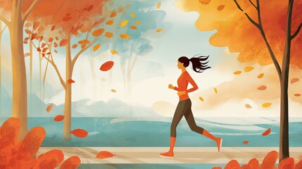 Health and Wellness illustration A woman jogging in a park during autumn leaves falling around her woman lifestyle