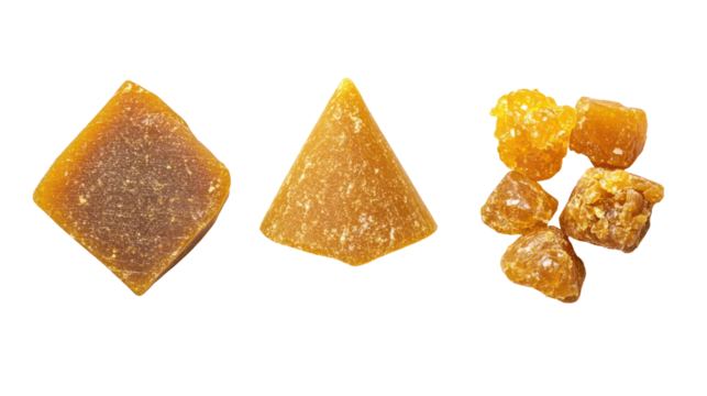 Sets of jaggery in traditional block cone and disc shapes on transparent background
