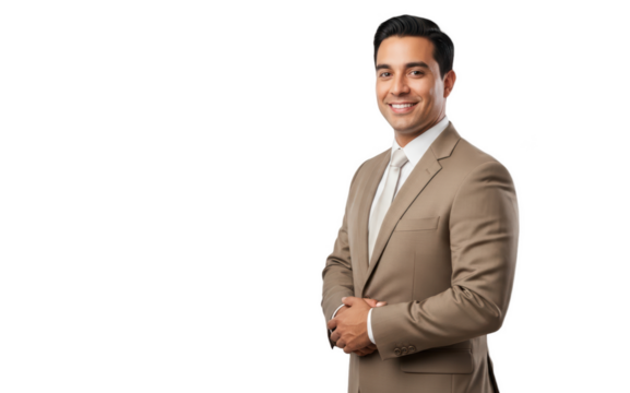 A professional headshot of a man in a suit, smiling confidently, against transparent background
